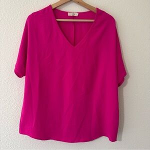 Solid V-Neck Basic Top by Entro, Hot Pink